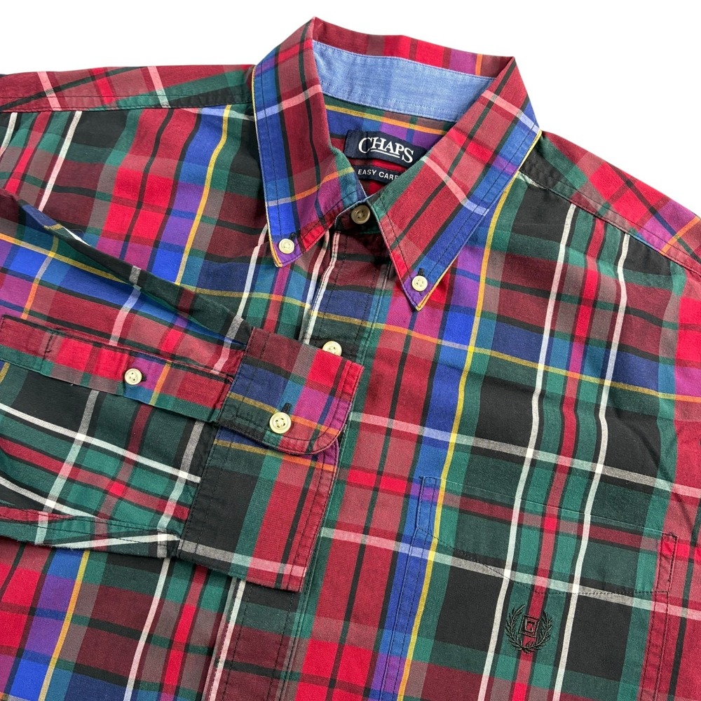 Chaps Button-Down Shirt Men's XLT Red Green Plaid Long Sleeve Casual Easy Care‎